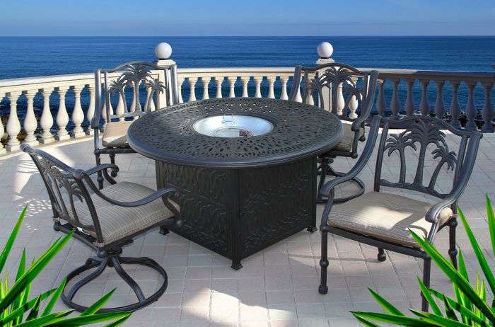Palm Tree 5pc Outdoor Dining Set With, Outdoor Dining Table With Fire Pit
