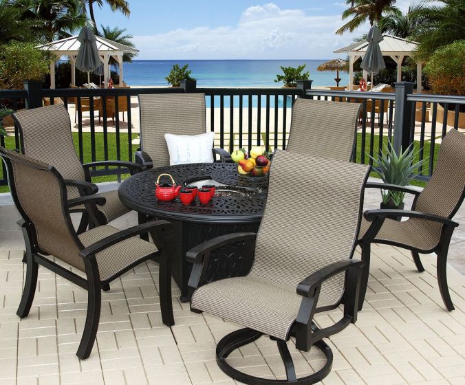 Barbados Sling Outdoor Patio 7pc Fire, Fire Pit Set With Swivel Chairs