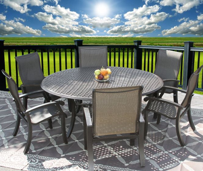 Barbados Sling Outdoor Patio 7pc Dining Set For 6 Person With 71 Round Table Series 5000 Antique Bronze Finish Zenpatio - Outdoor Patio Furniture Dining Sets