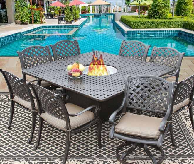 Nassau 64x64 Square Patio 9pc Dining Set For 8 Person With Fire Table, How Many Inches Is A 8 Person Table