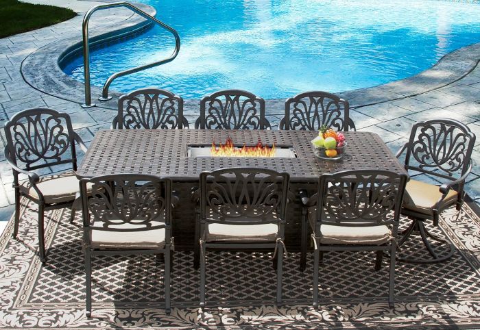Eli 42x84 Rectangle Outdoor Patio 9pc, 9 Piece Patio Dining Set With Fire Pit
