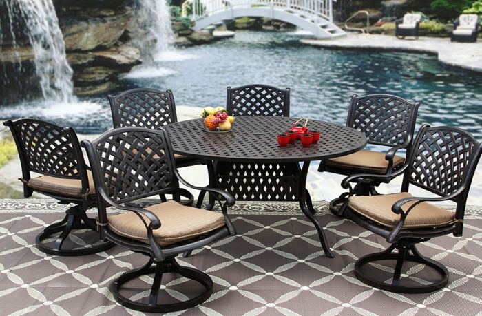 Nassau Cast Aluminum Outdoor Patio 7pc, 60 Inch Round Kitchen Table And Chairs