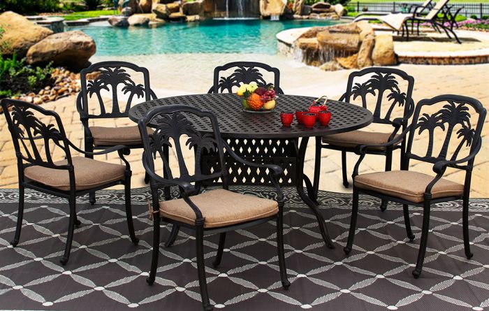 Palm Tree Cast Aluminum Outdoor Patio, 60 Inch Round Dining Table With Six Chairs