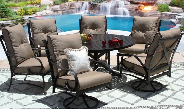 Newport Cast Aluminum Outdoor Patio 7pc, 7 Pc Aluminum High Dining With Fire Pit Table And Swivel Chairs