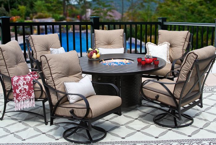 Newport Cast Aluminum Outdoor Patio 7pc Set 60 Inch Round Dining Fire Table Series 4000 With Sesame Linen Cushion Zenpatio - Newport Patio Table And Chairs