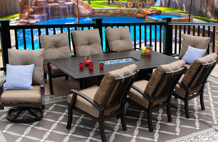 Barbados Cushion Aluminum Outdoor Patio, 9 Piece Patio Dining Set With Fire Pit