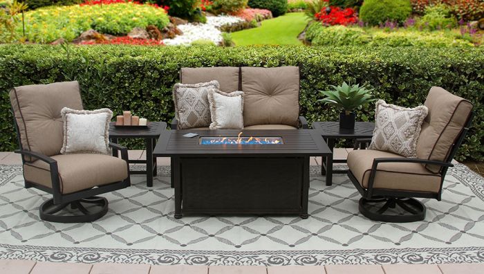 Quincy Aluminum Outdoor Patio 6pc Loveseat 2 Club Swivel Rockers End Tables 34x58 Rectangle Firepit Series 4000 With Sesame Linen Cushion Antique Bronze Zenpatio - Swivel Patio Set With Fire Pit
