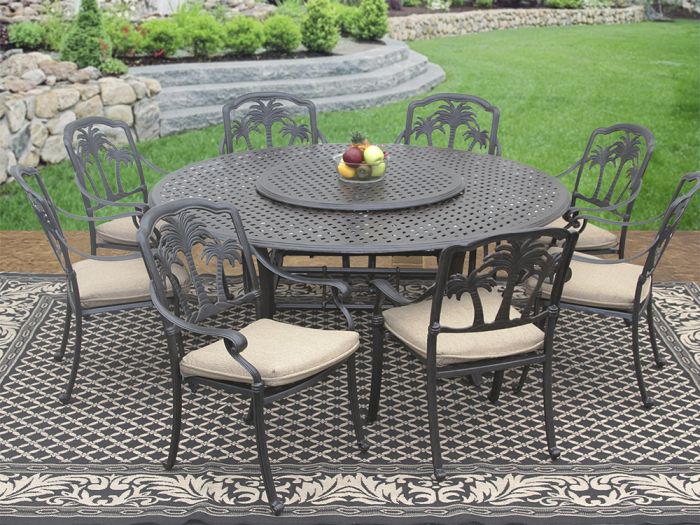 Palm Tree Cast Aluminum Outdoor Patio, Round Outdoor Dining Table Set For 8