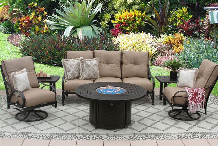Newport Aluminum Outdoor Patio 6pc Sofa 2 Club Swivel Rockers End Tables 50 Round Firepit Series 4000 With Sesame Linen Cushion Antique Bronze Zenpatio - Newport Patio Table And Chairs
