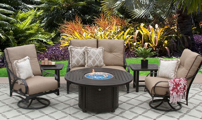 Newport Aluminum Outdoor Patio 6pc Loveseat 2 Club Swivel Rockers End Tables 50 Round Firepit Series 4000 With Sesame Linen Cushion Antique Bronze Zenpatio - Newport Patio Table And Chairs