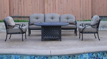 Nassau 5pc Deep Seating Conversation Set  Loveseat Club Chairs 21 Square End Table And 52 Inch Round Fire Pit - Antique Bronze Finish