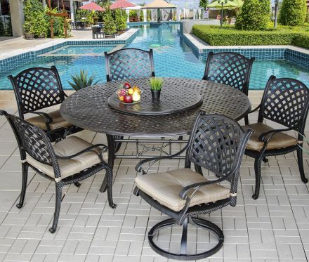 Nassau Outdoor Patio 7pc Dining Set with Series 5000 71 Round Dining Table - Includes 2 Swivel Rockers, 35 Lazy Susan & Seat Cushions - Antique Bronze Finish