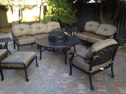 Nassau 8pc Deep Seating set with wood-burning fire pit - Antique Bronze
