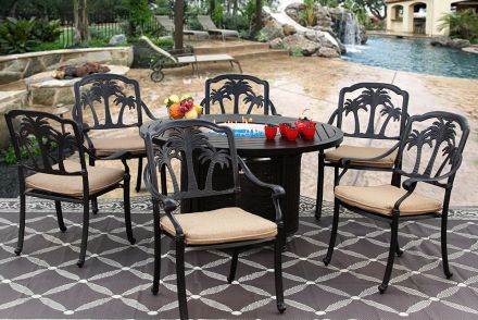 Palm Tree Cast Outdoor Patio 7pc Set 50 Inch Round Fire Table Series 4000
