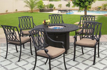 San Marcos Aluminum Outdoor Patio 7pc Set 52 Inch Round Dining Fire Table