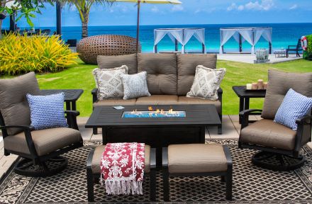 Barbados Cushion Outdoor Patio 8pc Set Sofa club Swivel Rocker Ottoman End Tables 34x58 Rectangle Fire Pit Series 4000