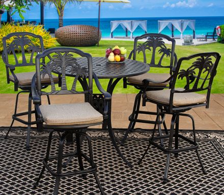 Palm Tree Outdoor Patio 5pc Bar Set 4 barstool 42 Inch Round Bar Table Series 3000