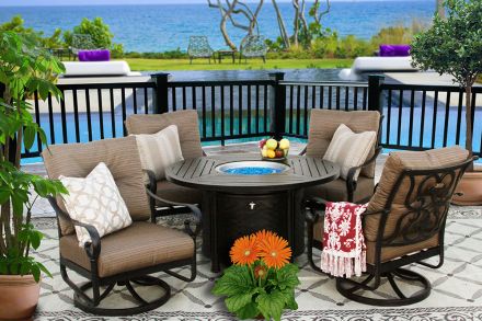 Tortuga Cast Outdoor Patio 5pc Set Club Chairs Club Swivel Rocker 50 Inch Round Fire Table Series 4000