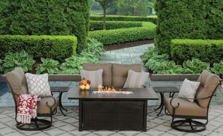 Tortuga Cast Outdoor Patio 6pc Set Loveseat Club Swivel Rocker Chairs End Table 34x58 Inch Fire Table Series 4000