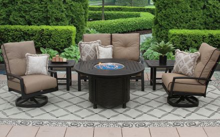 Quincy Outdoor Patio 6pc Loveseat Club Swivel Rockers End Tables 50 Round Fire Table Series 4000