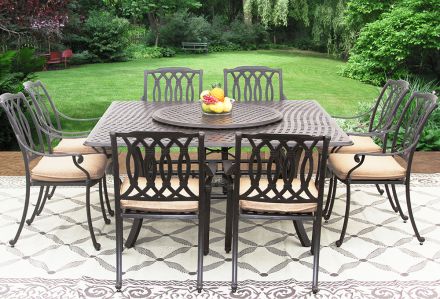San Marcos Outdoor Patio 9pc Set 8 dining Chairs 64 Inch Square Table Series 5000 35 Lazy Susan