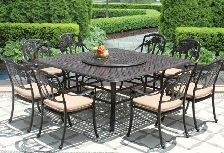 Palm Tree Outdoor Patio 9pc Set 8 dining Chairs 64 Inch Square Table Series 5000 35 Lazy Susan
