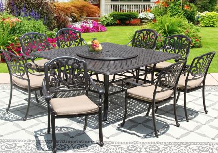 Elisabeth Outdoor Patio 9pc Set 8 dining Chairs 65 Inch Square Table Series 5000 35 Lazy Susan