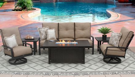 Quincy Outdoor Patio 6pc Sofa Club Swivel Rockers End Tables 34x58 Rectangle Fire Pit Series 4000