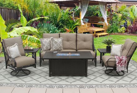 Newport Outdoor Patio 6pc Sofa Club Swivel Rockers End Tables 34x58 Rectangle Fire Pit Series 4000