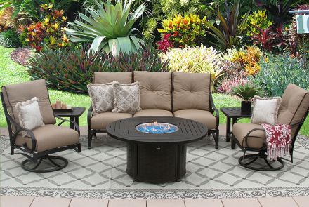 Newport Outdoor Patio 6pc Sofa Club Swivel Rockers End Tables 50 Round Firepit Series 4000