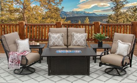 Newport Outdoor Patio 6pc Loveseat Club Swivel Rockers End Tables 34x58 Rectangle Fire Pit Series 4000