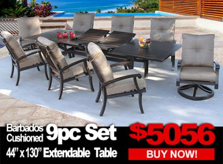 Patio Furniture Sale Barbados Cushion 9pc Set with 44x130 Extendable Table 