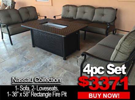 Patio Furniture Sale Nassau 4pc Set With Sofa Loveseat 36X58 Rectangle Fire Pit